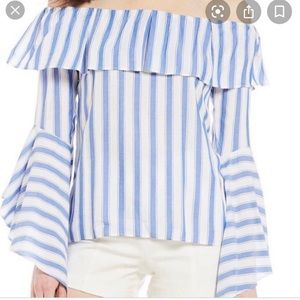 Gianni Bini Blue Stripe Off The Shoulder Bell Sleeve Top Womens Size XS Beach